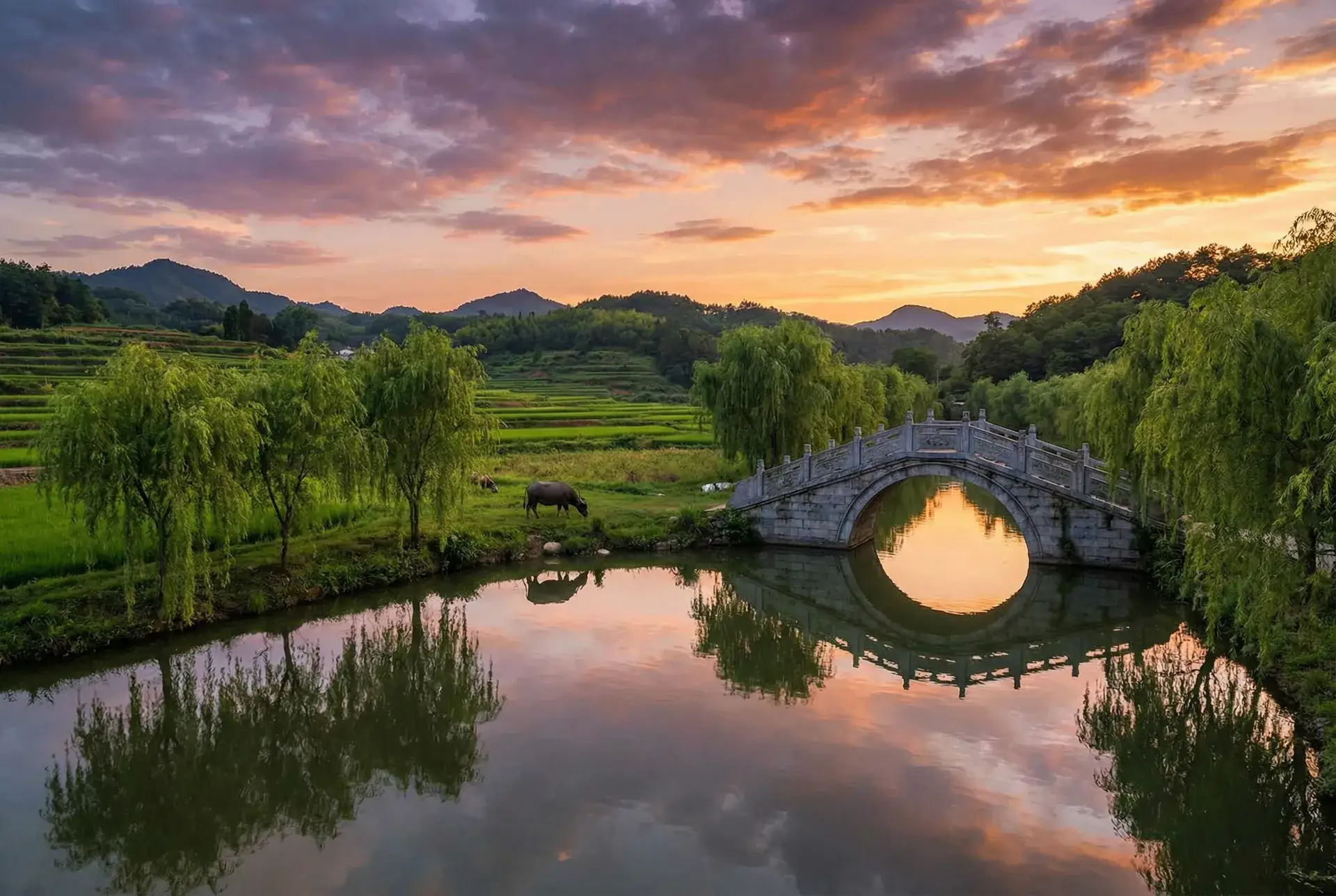 夕阳下的石拱桥与垂柳，水牛在河边吃草 - 伊人查蕉在线观看 乡村美景
